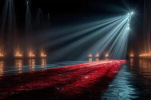 Elegant red pathway illuminated by dramatic lighting creates a captivating atmosphere in a darkened space photo