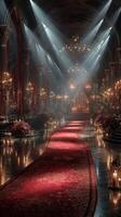 Elegant evening gala in an ornate ballroom illuminated by chandeliers and dramatic lighting photo