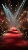 Elegant red carpet setting illuminated by chandelier lights for a glamorous event at night photo