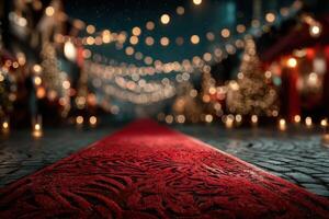 Elegant red carpet leading to festive lights on a charming street during a winter evening celebration photo