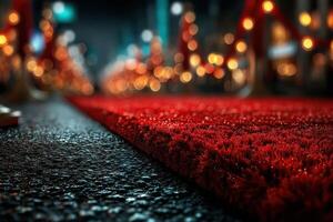Red carpet lined with glowing lights sets the stage for an evening celebration at an outdoor venue photo