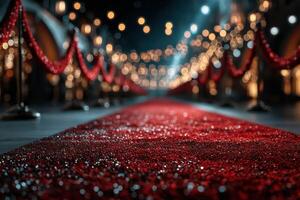 Red carpet event with bright lights and elegantly designed walkways during nighttime celebration photo