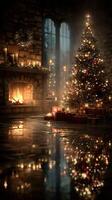 Cozy winter evening with a beautifully decorated Christmas tree and warm fireplace in a rustic room photo