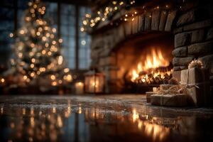 Cozy holiday evening by the fireplace with decorated tree and presents in a warm living room photo