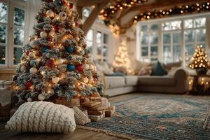 Cozy Christmas living room with decorated tree, lights, and warm ambiance in winter evening setting photo