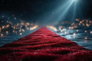 Red carpet leading to illuminated backdrop during nighttime event with sparkling lights photo