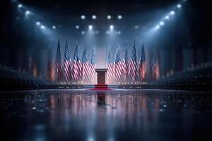Stage set for an important political event with American flags and empty seats in a prepared auditorium photo