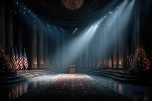 Dramatic lighting highlights podium in grand setting adorned with flags and festive decorations during an important event photo
