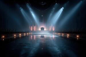 Ceremonial hall prepared for a significant event featuring American flags and dramatic lighting at night photo