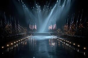 Dramatic stage setting with American flags illuminated by spotlights during a significant event at night photo