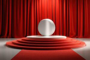 Red velvet stage setup with circular podium and decorative curtains for a performance or award ceremony photo