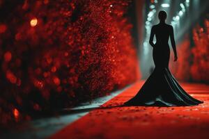 Elegant model walking down a vibrant red carpet surrounded by lush decor during a glamorous evening event photo
