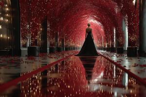 Elegant figure walking through a stunning red rose tunnel with soft lights and reflections on the path at an evening gala photo