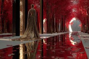 Elegant figure in golden gown walks through a red autumn pathway lined with shimmering reflections and vibrant foliage in a tranquil setting photo