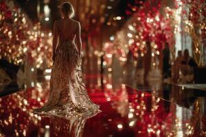 Elegant evening gown shines at a glamorous event, showcasing sparkling decor and a festive atmosphere photo