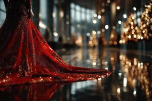 Elegant red gown on display at a luxury venue with festive lights and reflections during an evening event photo