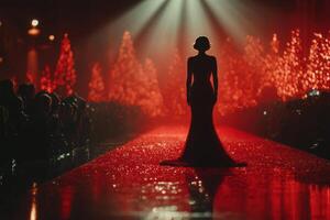 Silhouette of a model on a red runway surrounded by festive decorations during a glamorous fashion show at night photo