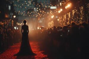 Elegant woman in black gown walks down red carpet at night event illuminated by string lights with excited crowd photo
