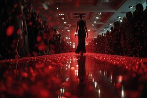 Elegant fashion model walks the runway surrounded by spectators with vibrant red lighting and sparkling elements photo