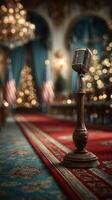 Vintage microphone stands ready for a speech in an elegantly decorated hall during a festive season celebration photo