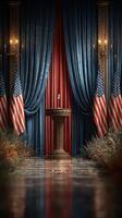 Elegant stage prepared for political address in a formal setting with American flags and rich drapery photo