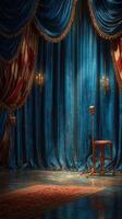 Vintage stage setup with blue velvet curtains and microphone waiting for performance photo