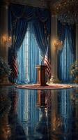 Historic room with podium and flags, set for a formal announcement or speech photo