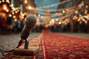 Microphone positioned on a wooden stand with blurred festive lights in a lively street during evening celebrations photo