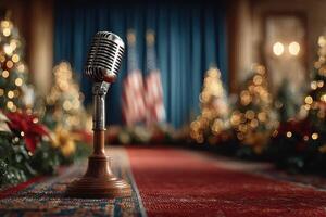 Classic microphone stands ready for speeches in a festive setting during the holiday season at an elegant venue photo