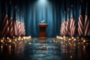 Mysterious podium surrounded by American flags and soft lighting before an important speech at night photo