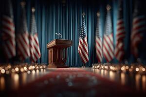 Ceremony setup with podium and American flags during a formal event in a hall photo