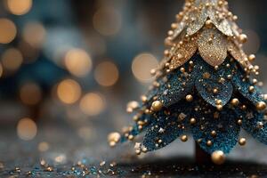 Glittering blue and gold Christmas tree decoration shining in soft festive lights during the holiday season photo