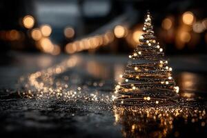 Creative holiday decoration with glowing lights and sparkles set against a blurred background at dusk photo