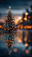 Elegant Christmas tree adorned with colorful lights reflecting on a serene city street during the festive evening celebration photo