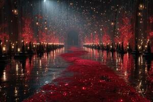 Bright red path leads through dark hall filled with glowing lights and trees at nighttime photo