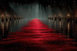 Illuminated pathway of light reflecting on water during a nighttime event with candle-like lights surrounding the area photo