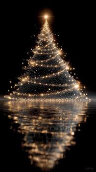 Brightly illuminated Christmas tree reflecting in calm waters during a festive winter evening photo