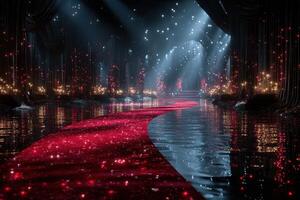 Stunning illuminated pathway through a magical environment with shimmering lights and reflections in a serene water setting photo