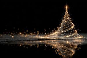 Sparkling Christmas tree lights illuminate a dark background creating a festive atmosphere with reflections on the surface photo