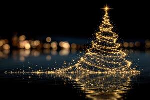 Twinkling Christmas tree creation shimmering in water with glowing lights during the holiday season photo