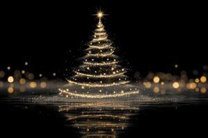 Elegant glowing Christmas tree displayed against a black background with sparkling lights reflecting on the surface photo