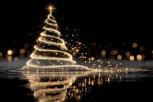 Magical glowing Christmas tree reflecting on water with golden lights in a festive atmosphere photo