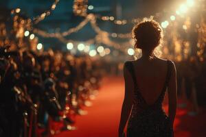 Model walks down red carpet at glamorous event with photographers capturing the moment during nighttime photo