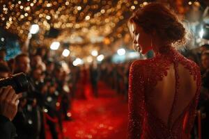 Elegantly dressed woman walks the red carpet at a glamorous event surrounded by cameras and flashing lights photo