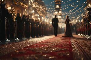 Elegant evening gala with a luxurious red carpet and twinkling lights, captivating attendees in a glamorous setting photo