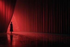 Model preparing to step onto the runway under dramatic red lighting in a fashion event setting photo
