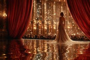 Elegant performer stands before an audience in a grand theater illuminated by twinkling lights during a captivating evening event photo