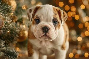 Puppy gazes curiously amidst festive decor and warm holiday lights in a cozy indoor setting photo