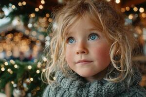 Bright-eyed child gazes with wonder amidst festive decorations in a cozy winter setting photo