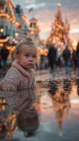 Child in warm sweater sits in puddle reflecting holiday lights at dusk in festive atmosphere photo